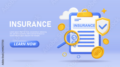 3D Insurance concept. Magnifying glass near document and agreement. Contract for safety and protection. Landing page design. Financial deal and management. Cartoon isometric vector illustration