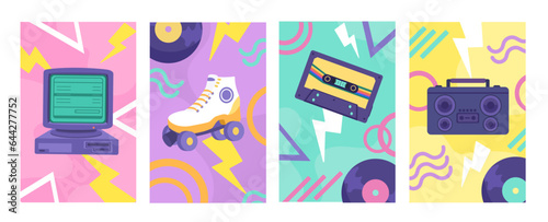 90s style posters set. Computer and roller skates with tape recorder and vinyl discs, casette. Back to 1980s and 1990s. Cartoon flat vector collection isolated on white background