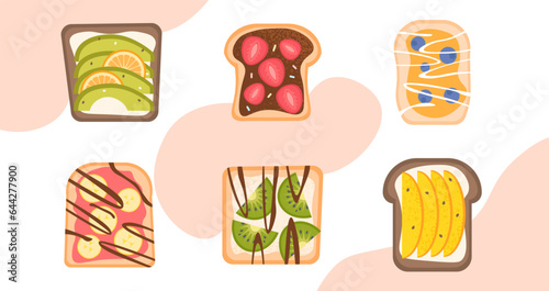 Set of sandwiches concept. Bread with vegetables and fruits. Traditional morning breakfast and food. Proper diet and nutrition. Cartoon flat vector collection isolated on white background