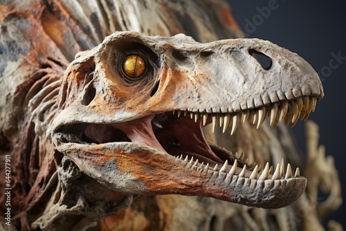Detailed closeup of petrified velociraptor fossil, with skull and white bones. Generative AI © Raul