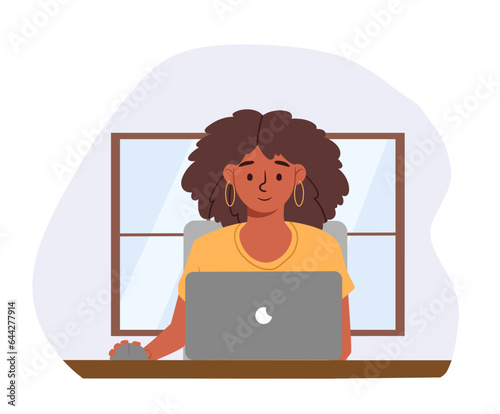 Woman sitting with laptop concept. Young girl with portable computer at workplace. Employee at home or office. Freelancer and distance worker. Cartoon flat vector illustration