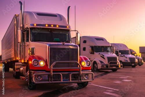 Parked American semi trucks at the rest area, on a vibrant sunset evening