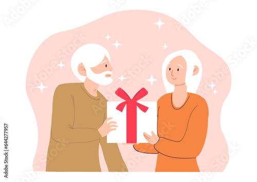 Elderly couple concept. Grandmoter give present for grandfather. Old family with gift box. Holiday and festival. Love and romance. Template and mock up. Cartoon flat vector illustration photo