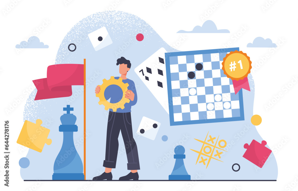 Man with board games concept. Faun and entertain,ment, leisure. Young guy near chess, checkers and playing cards. Person with dice, puzzles and tic tac toe. Cartoon flat vector illustration