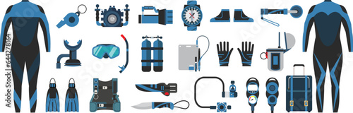 Diving set of elements. Scuba diver man and women in wetsuit, scuba gear and accessories. Underwater activity and sports items isolated. Scuba diving equipment collection. Types vector and icons.