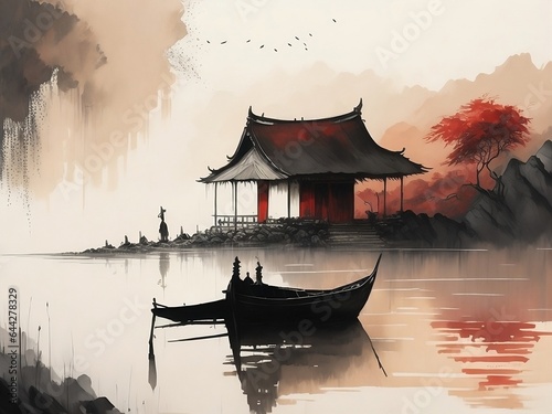 Chinese background , muted colors, rice paper texture, splash paint, Ninh Binh town, boat, red sun, Old cottage. Lakeside. Morning light. Clouds wet to wet techniques.