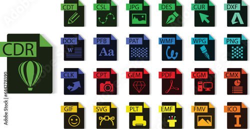 Coreldraw file format collection, CDR, WPG, FMV, DES, GEM, EMF, SVG, PNG, JPG, DOC, PDF, DXF, ICO, CSL, PFB, PLT, PAT, CPT, CUR, CMX, CLK, CGM, GIF, WMF, File type vector and icons.
