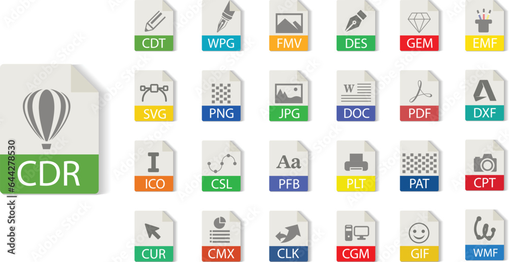 Coreldraw file format collection, CDR, WPG, FMV, DES, GEM, EMF, SVG, PNG, JPG, DOC, PDF, DXF, ICO, CSL, PFB, PLT, PAT, CPT, CUR, CMX, CLK, CGM, GIF, WMF, File type vector and icons.