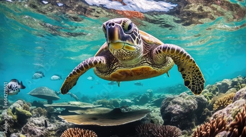 Portrait of a sea turtle swimming underwater in the ocean  underwater world. Generative AI