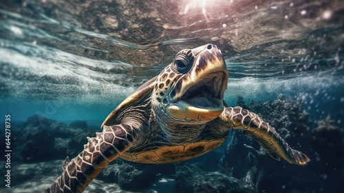 Portrait of a sea turtle swimming underwater in the ocean, underwater world. Generative AI © AndErsoN
