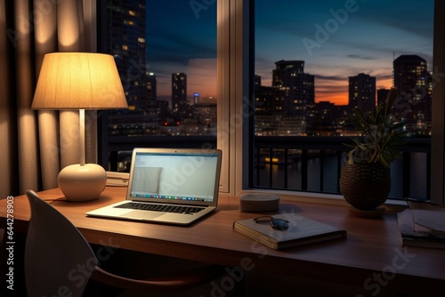 Modern nighttime desk with warm table lamp and laptop. Generative AI