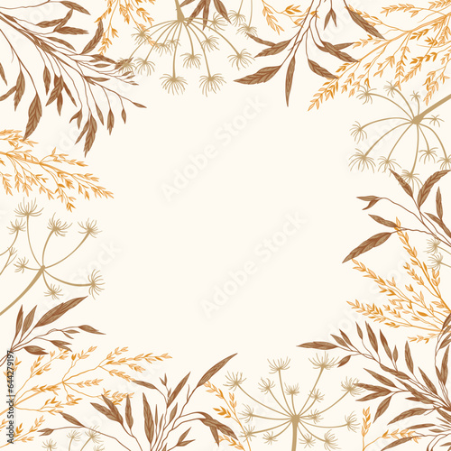 Square frame with plants. Botanical background with dry grass. natural beige tones. Vector illustration. Engraving. Layout border for invitations card, postcards, advertising, logos, covers, labels.