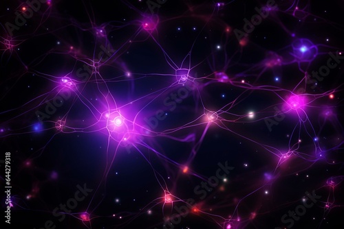 A dark background with flashes of purple and pink light resembling an abstract neuron network. Generative AI