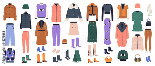 Female winter or fall clothing. Big vector set.