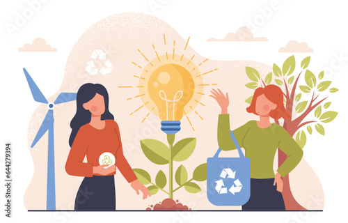 Women care about ecology concept. Girls near plant with light bulb. Zero waste and sustainable lifestyle. Alternative energy sources and rejection of oil and gas. Cartoon flat vector illustration