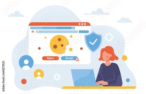 Woman with file cookies concept. Young girl with laptop at website page. Choice between reject or accept at site. User of internet with personal data. Cartoon flat vector illustration