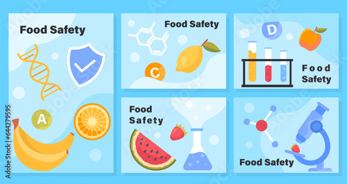 Food safety posters set. Genetic expertise and verification of natural and organic products. Analysis of composition of fruits. Cartoon flat vector collection isolated on blue background