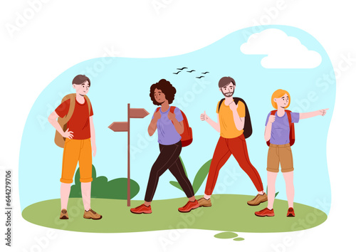 Friends traveling outdoor concept. Hiking and camping. Women and men with backpacks at road near roadsigns. Active lifestyle and leisure. Travels and tourists. Cartoon flat vector illustration