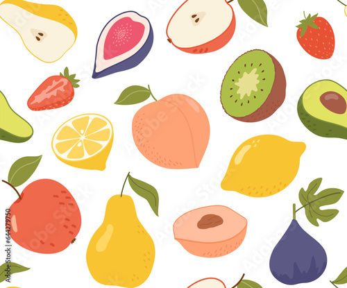 Fototapeta Naklejka Na Ścianę i Meble -  Seamless pattern with fruits concept. Repeating design element for printing on fabric. Peach, kiwi and lemon, strawberry. Fresh natural products with vitamins. Cartoon flat vector illustration