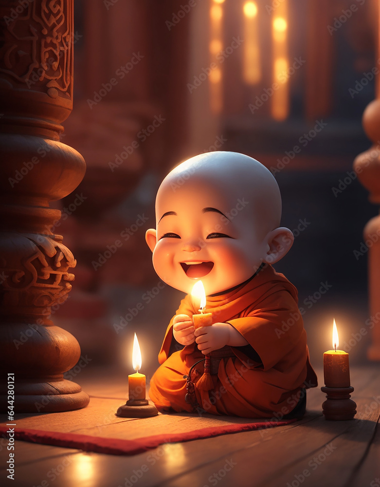 Cute Tibetan child monk at temple, Generative AI