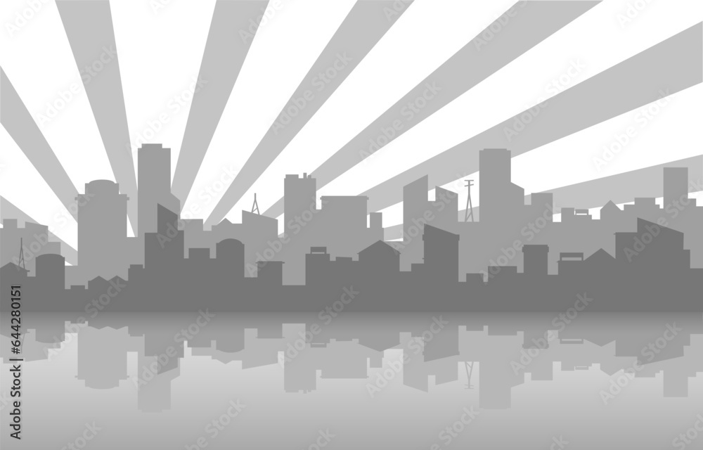 Gray city skyline silhouette concept. Urban arcitecture and infrastructure. Cityscape near water or river. Buildings and houses in rays of light. Poster or banner. Cartoon flat vector illustration