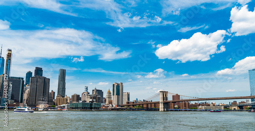 urban bridge architecture. cityscape of brooklyn bridge in manhattan. brooklyn bridge in new york. panoramic view on brooklyn. architecture of historic bridge in brooklyn. new york city