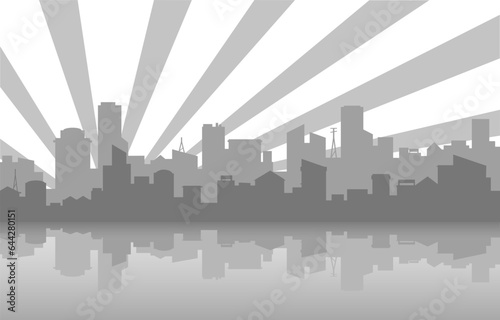 Gray city skyline silhouette concept. Urban arcitecture and infrastructure. Cityscape near water or river. Buildings and houses in rays of light. Poster or banner. Cartoon flat vector illustration