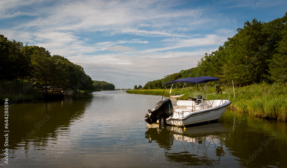 Fototapeta premium Center console boat on Long Island, NY. Photographed by drone.
