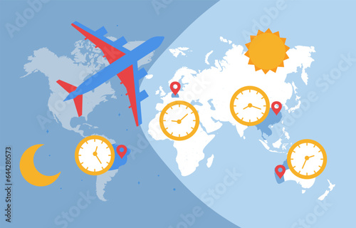 International time map concept. Airplane above continents. Travel and tourism, flight. Instruments for measuring of time. Template, layout and mock up. Cartoon flat vector illustration