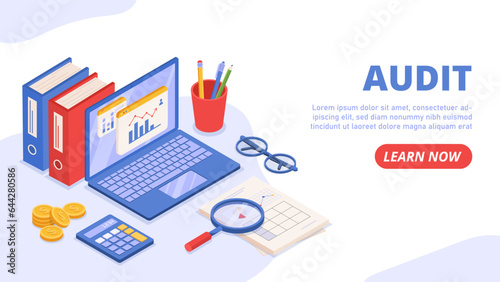 Isometric audit banner concept. Laprop, magnifying glass and stack of books and documents. Analytics and evaluation of graphs and charts. Landing page design. Cartoon 3D vector illustration