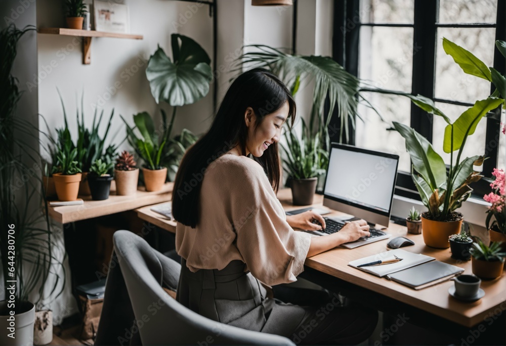 GenZ Asia people smiling in cozy home office, work from home wfh concept