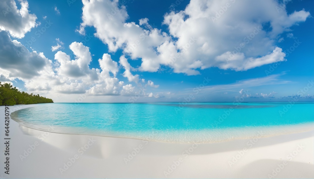 Sandy beach with white sand and rolling calm wave of turquoise ocean on sunny day, white clouds in blue sky background Sandy beach with white sand and rolling calm wave of turquoise ocean on sunny day, white clouds in blue sky background