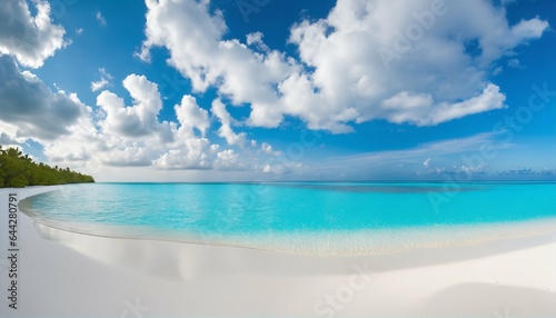 Sandy beach with white sand and rolling calm wave of turquoise ocean on sunny day, white clouds in blue sky background © ibreakstock