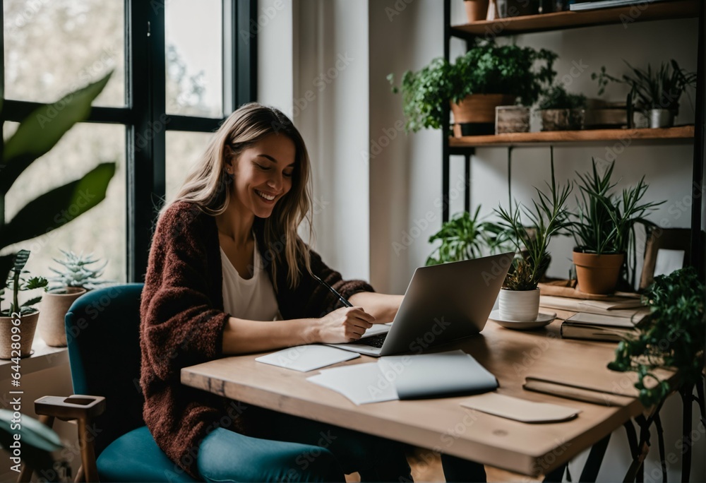 Work from home office young gen Z wfh concept relax sit easy at cozy desk write note think idea plan self MBA study reskill upskill Work from home office young gen Z wfh concept relax sit easy at cozy desk write note think idea plan self MBA study reskill upskill