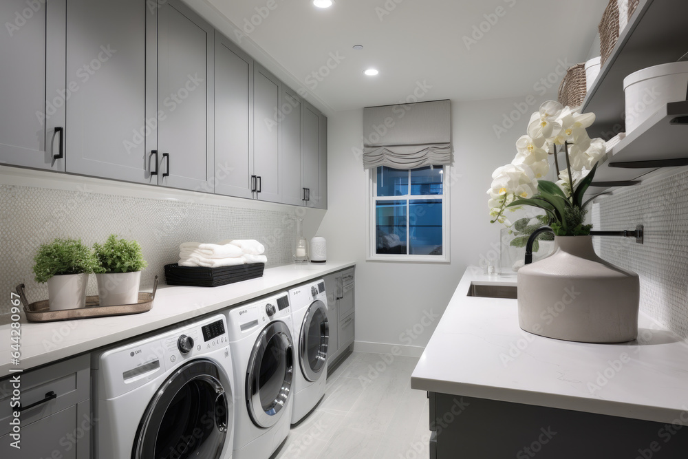 Industrial Style Laundry Room with Metal Accents and a Sleek Gray Color ...
