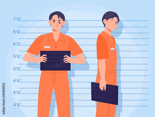 Man mugshot concept. Young guy with bruise under his eye and sign in his hand against background of stadiometer. Criminal in prison uniform. Police station. Cartoon flat vector illustration