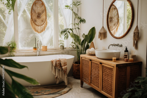 Enchanting Boho Oasis: A Serene Bathroom with Macrame Plant Hangers and a Stunning Rattan Mirror