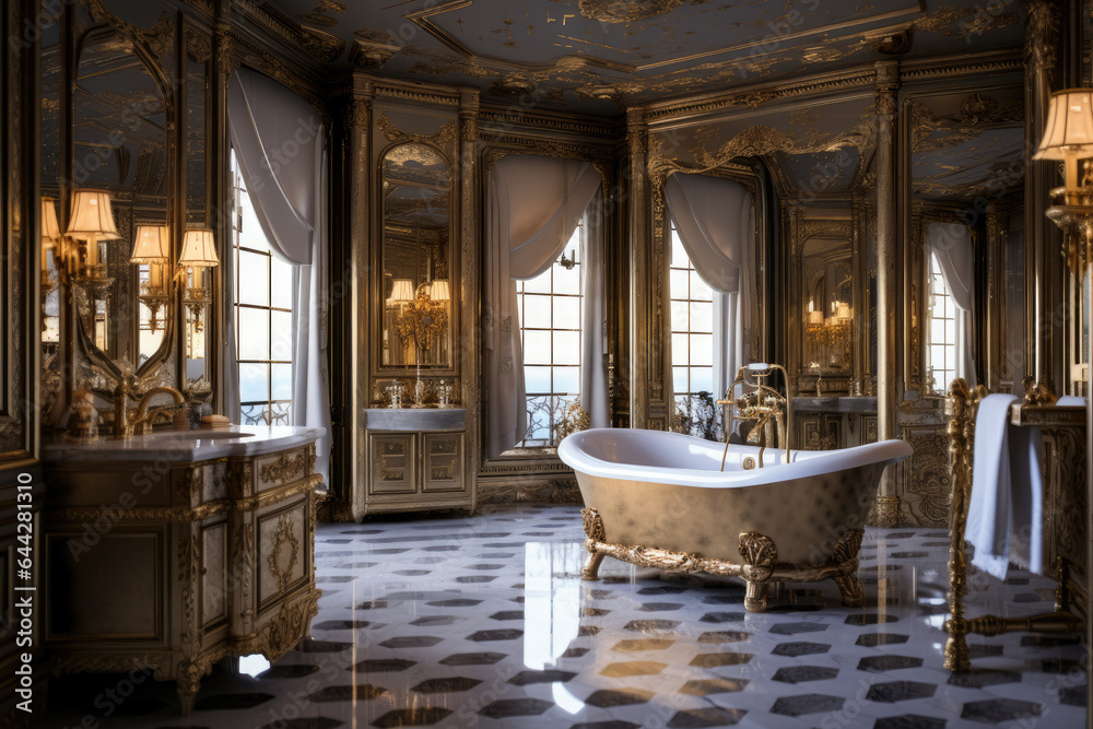 Fototapeta premium Luxurious Bathroom Interior with Stunning Gold Accents, Exuding Elegance and Opulence