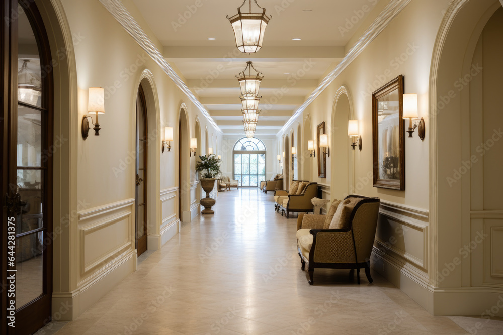 Serene and Inviting Beige Colored Hallway Interior with Elegant Decor and Abundant Natural Light