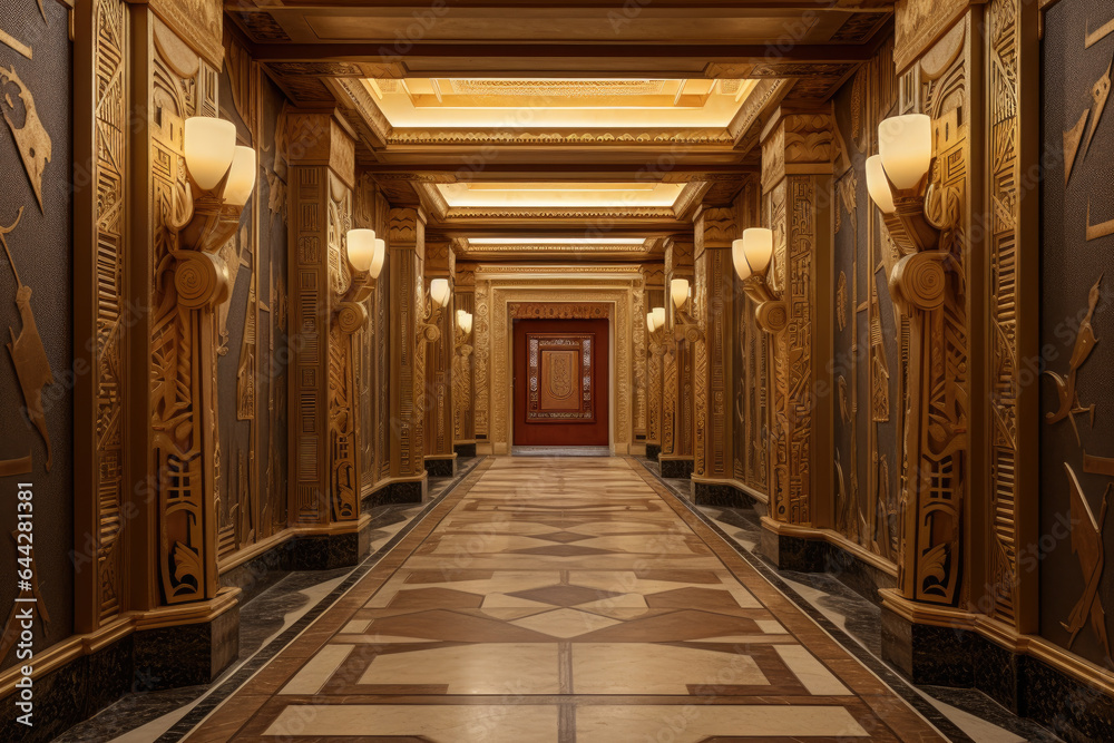 Exquisite Egyptian-inspired Hallway Interior with Intricate Hieroglyphic Patterns and Luxurious Golden Accents