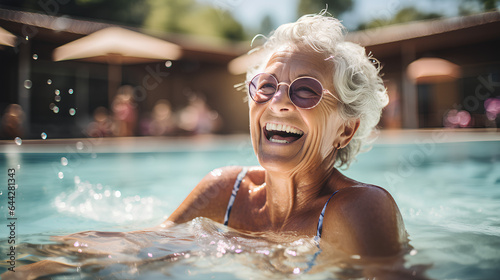 A happy senior woman in swimming pool