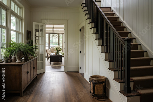 Rustic Charm Meets Modern Elegance: A Captivating Farmhouse Style Hallway Interior with Vintage Accents and Cozy Ambiance