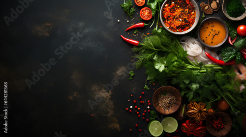  Asian food background with various ingredients on rustic stone background, top view. Vietnam or Thai cuisine photo