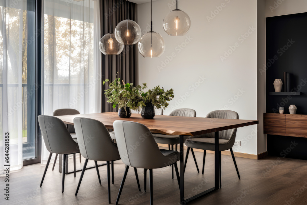 Elegantly Minimalistic Dining Room Interior in Contemporary Style, Emphasizing Clean Lines and Neutral Colors