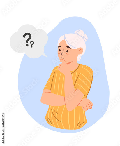 Old lady asks concept. Elderly woman with question. Memory problems and illness, dementia and alzheimer. Medical infographic and educational materials. Cartoon flat vector illustration