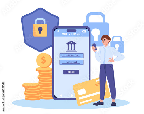 Man with online bank concept. Character with mobile application for digital transaction. Electronic commerce and transfers. Saving s and budget, financial literacy. Cartoon flat vector illustration