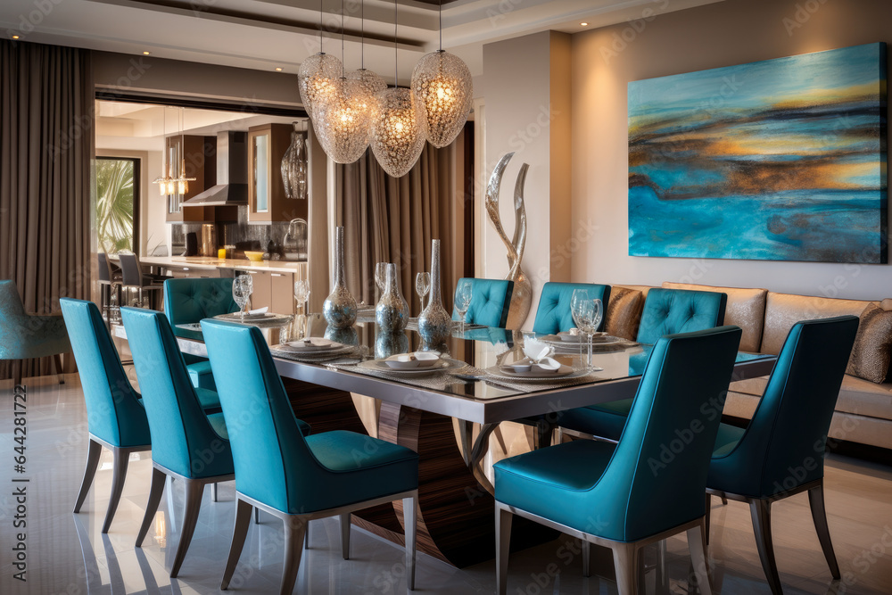 A Captivating Dining Room Immersed in Turquoise and Brown Tones, Exuding Elegance and Serenity