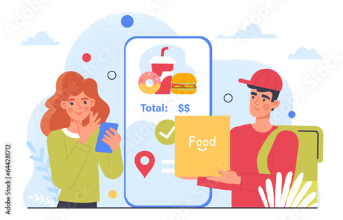 Ordering food online concept. Woman with smartphone near courier with box of eating. Home and fast delivery. Purchases on internet and digital transaction. Cartoon flat vector illustration © Rudzhan