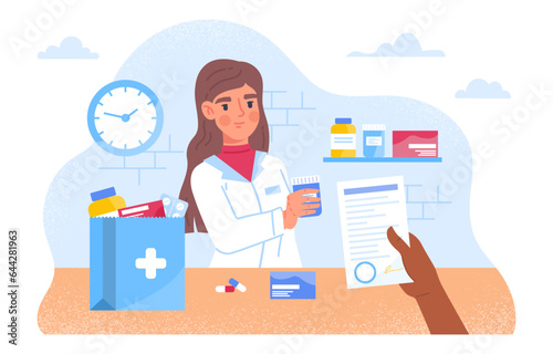 Woman with pharmacy concept. Pharmacist stands behind cash register and sells medicines. Girl in medical uniform with medicines and pills. Health care and treatment. Cartoon flat vector illustration