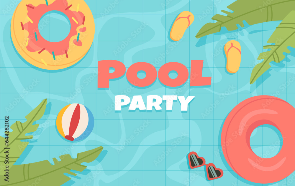 Pool party poster. Rubber rings and ball near sunglasses at water. Summer season and hot weather. Travel and tourism, holiday and vacation. Greeting potcard design. Cartoon flat vector illustration